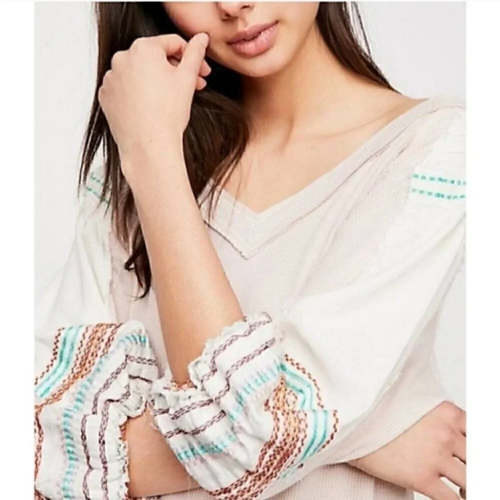 Free People Bubble Tee Embroidered Thermal Top